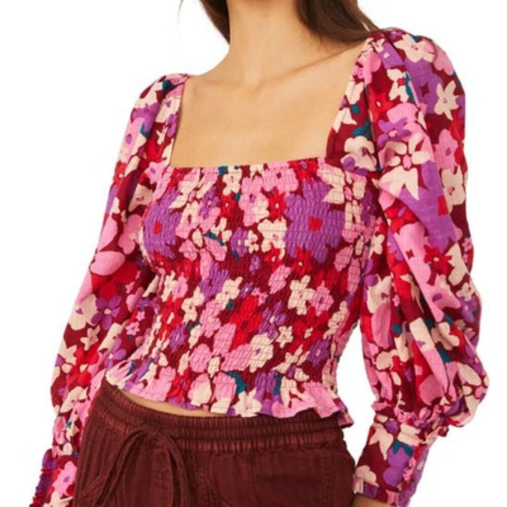 Free People‎ Pink Floral Ariana Smocked Puff Long Sleeve Top